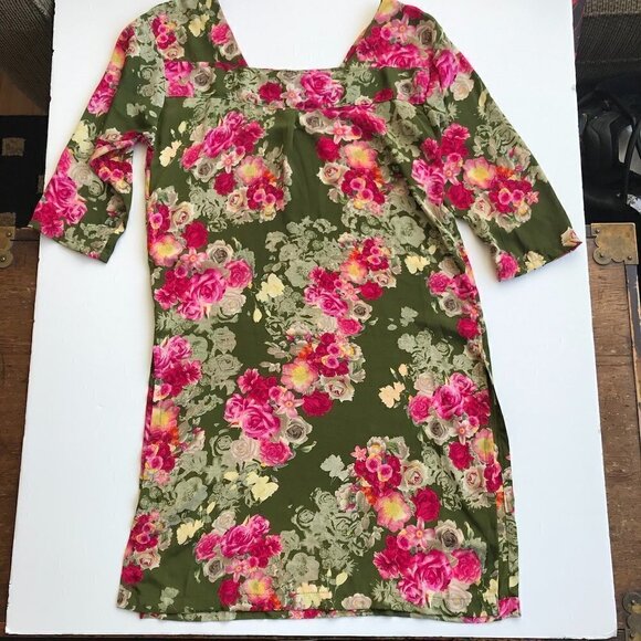 DKNY Long Colorful Tunic olive green/pink/yellow floral 3/4 sleeve square neck 6 - Picture 9 of 16